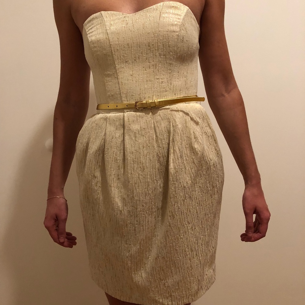 H&M Classy Gold Strapless Cocktail Dress with Belt & Pockets - Size 4 - Picture 6 of 9